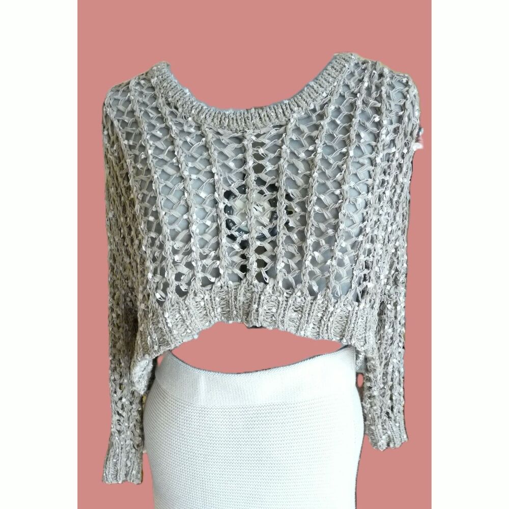 Open Ribbon Knit cropped Cover up crocheted sweater S-L Cecico Anthropologie